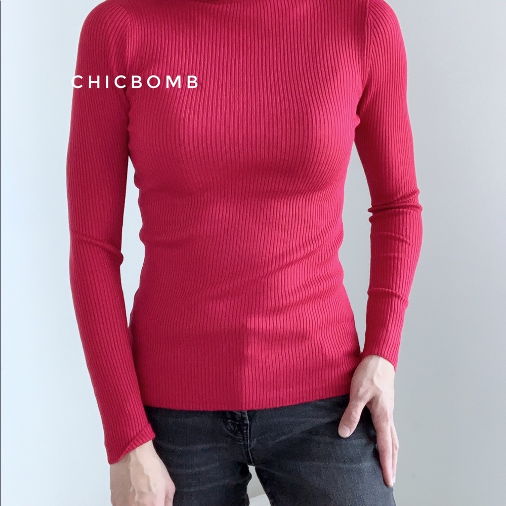 RED SLIM FIT RIBBED TURTLENECK TOP - Picture 8 of 14